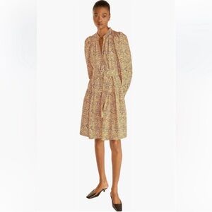 NWT Rebecca Taylor Brown Speckled Fleur Belted Long Sleeve Dress